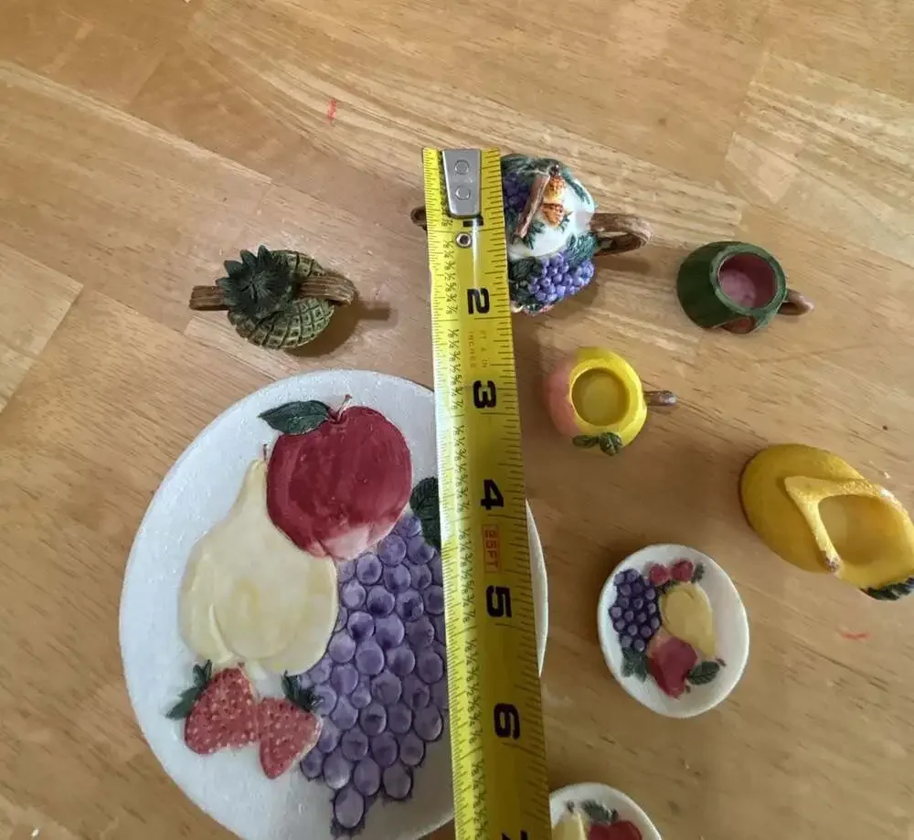 Vintage Miniature Resin Fruit Themed Tea Set Including Teapot, Cups, and Plates